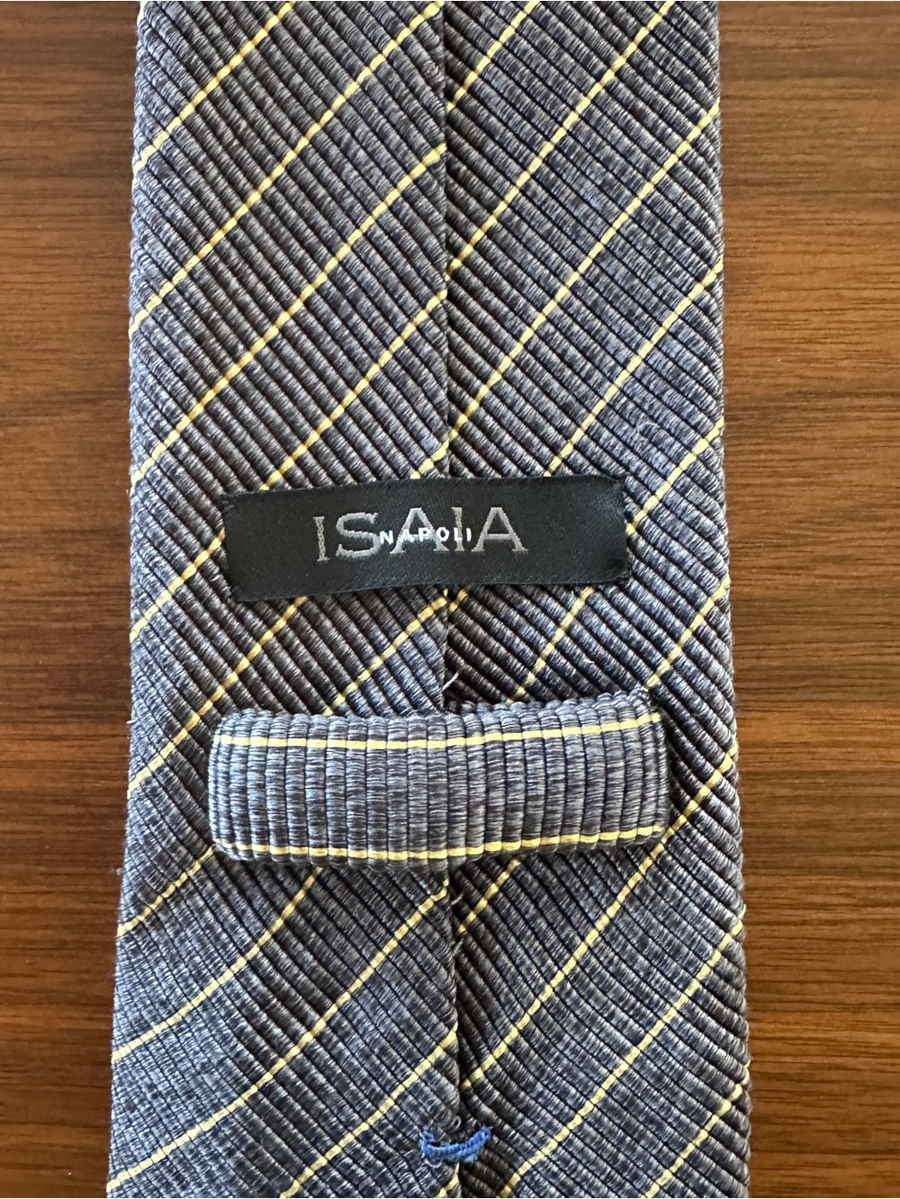 Isaia Navy Blue Tie with Yellow Windowpane Stripes